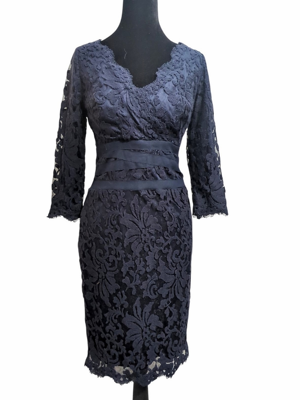 Tadashi Shoji Black Lace Midi Dress with Sheer Three-Quarter Sleeves